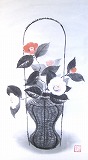 龝月明　籠の紅白椿　日本画/紙本